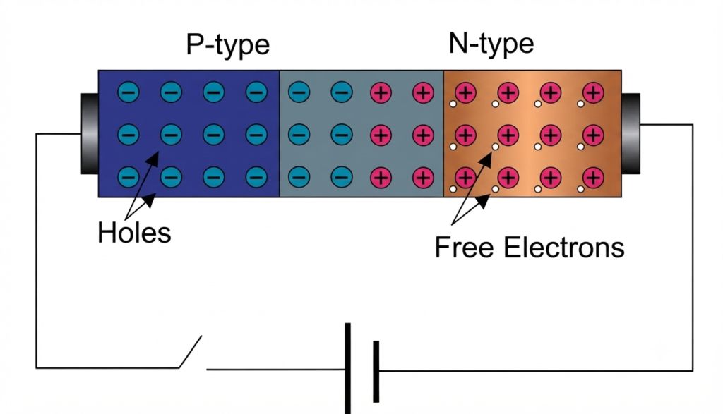 electrons and holes in unbiased diode