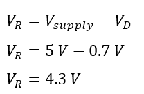 Subtract the diode's forward voltage drop from the supply voltage to get the voltage across the resistor: 