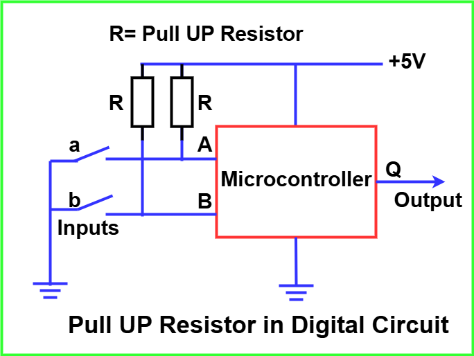 Circuit diagram showing a microcontroller input pin with a pull-up resistor connected to Vcc and a switch to ground, demonstrating HIGH and LOW states.