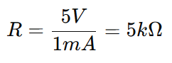 Example of pull up resistor calculation for 5V supply and 1mA current showing R equals 5k ohms