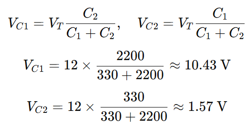 example2-Voltage drop across the two non-identical capacitors