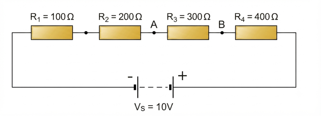 resistance divider using 4 resistors in series and calculation
