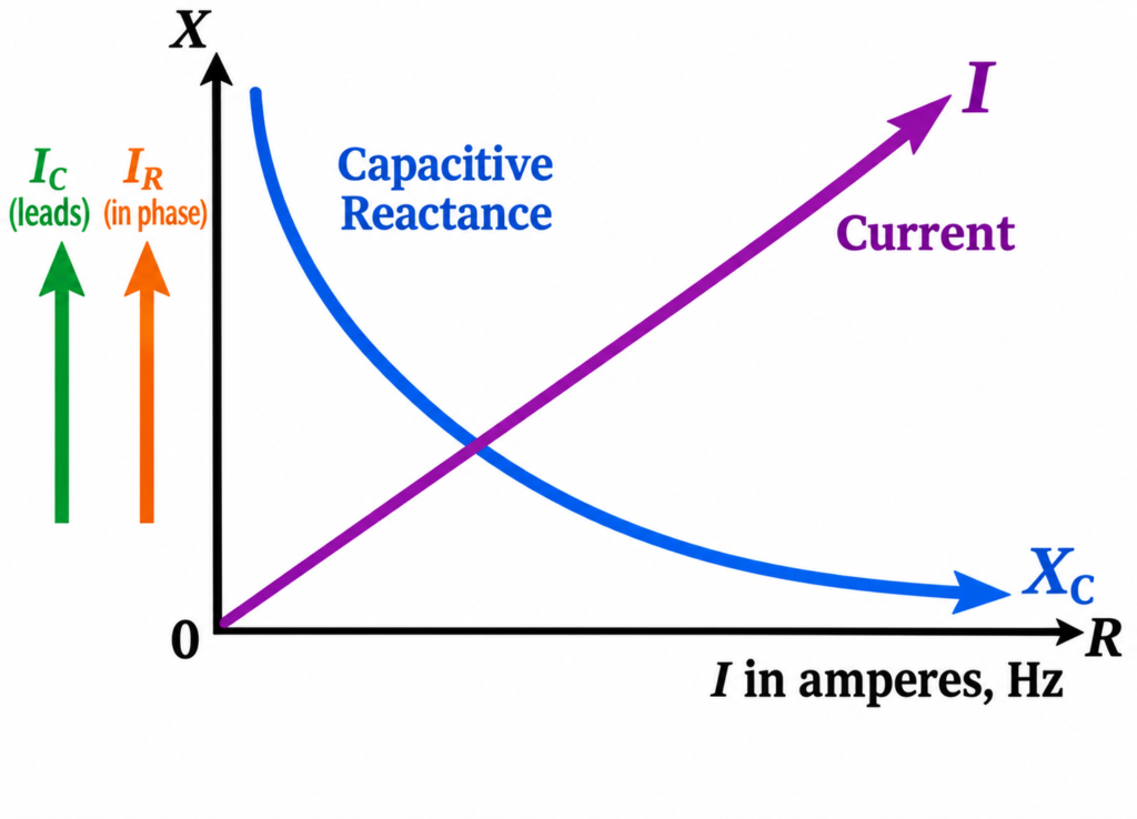 Capacitive Reactance against Frequency- phasor diagram