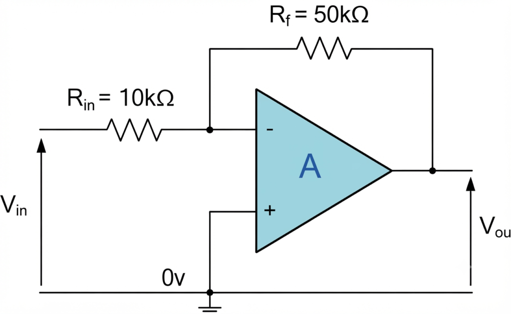 Inverting Operational Amplifier Worked Example No1 circuit diagram