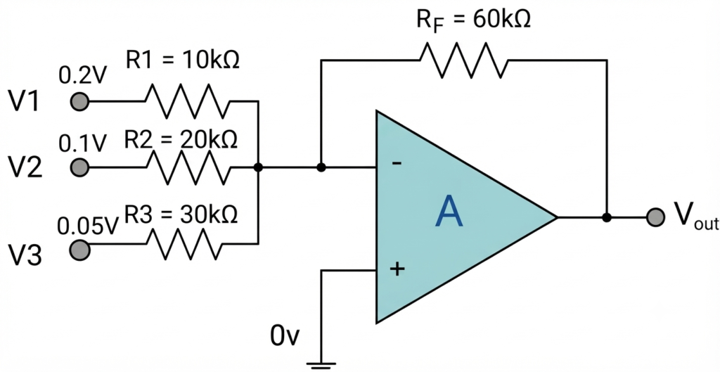 Summing Amplifier Worked Example No. 1 circuit diagram