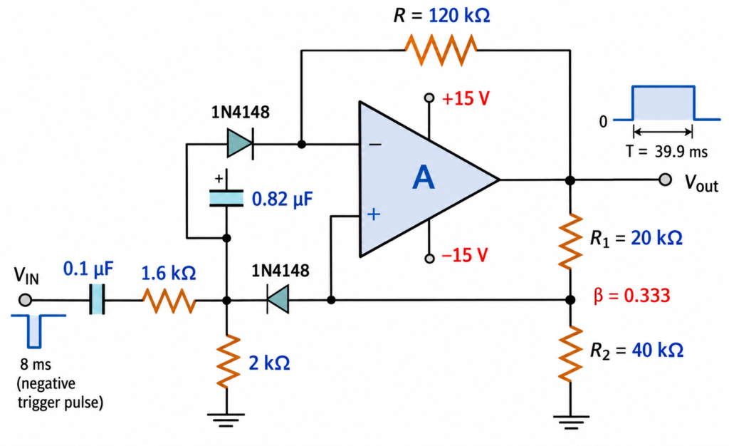 Worked Example No. 1 on op-amp monostable circcuit values