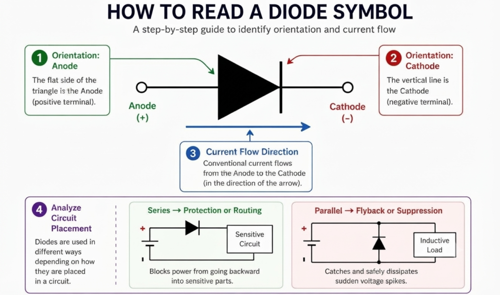A step-by-step visual guide to reading a diode symbol