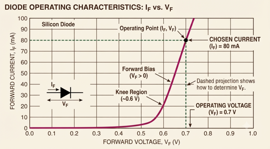 Diode Datasheet forward-current versus forward-voltage graph showing how to determine operating Vf.