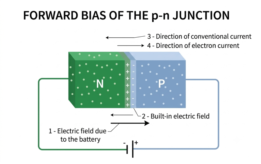 Forward Bias: Current flows easily through the p-n junction diode