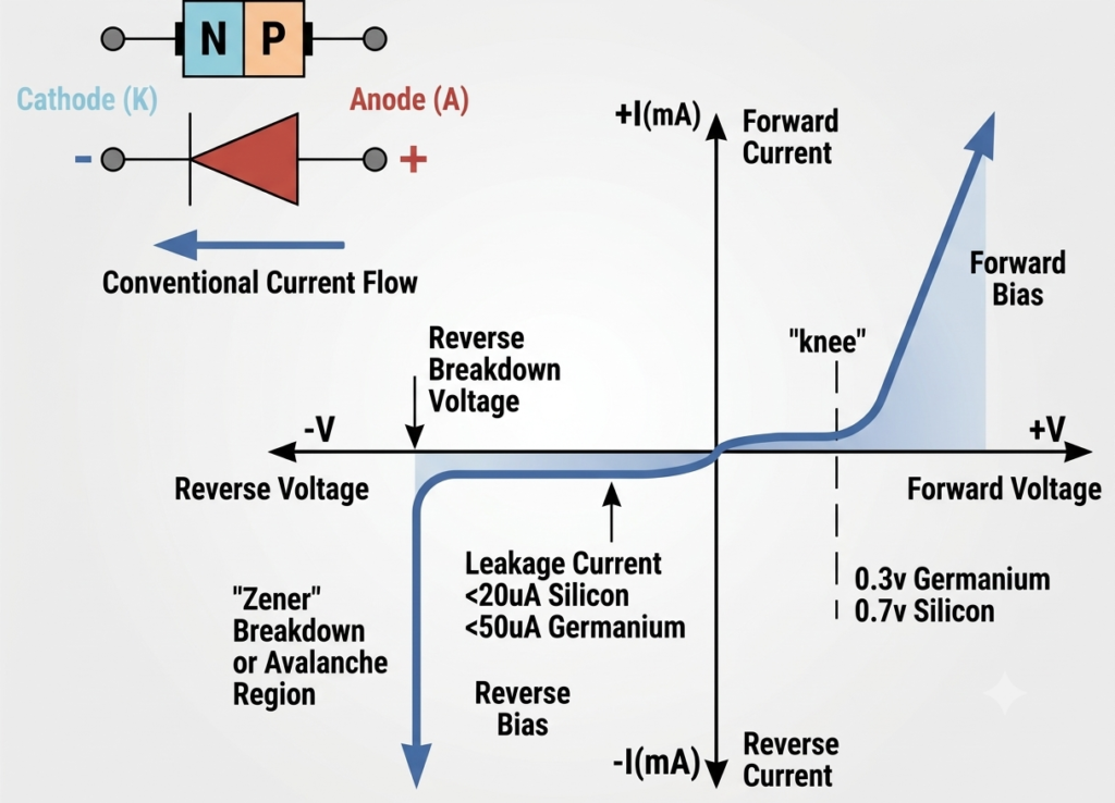 PN Junction Diode Symbol and Static I-V Characteristics