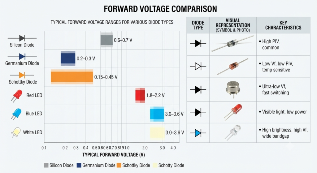 turn on voltage of various diodes - comparision